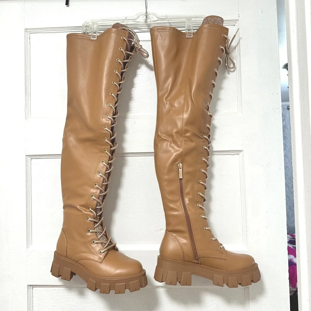 Cape Robbin Boxi Nude Over The Knee Rhinestone Lace‎ Up Lug Sole Boots Size 5